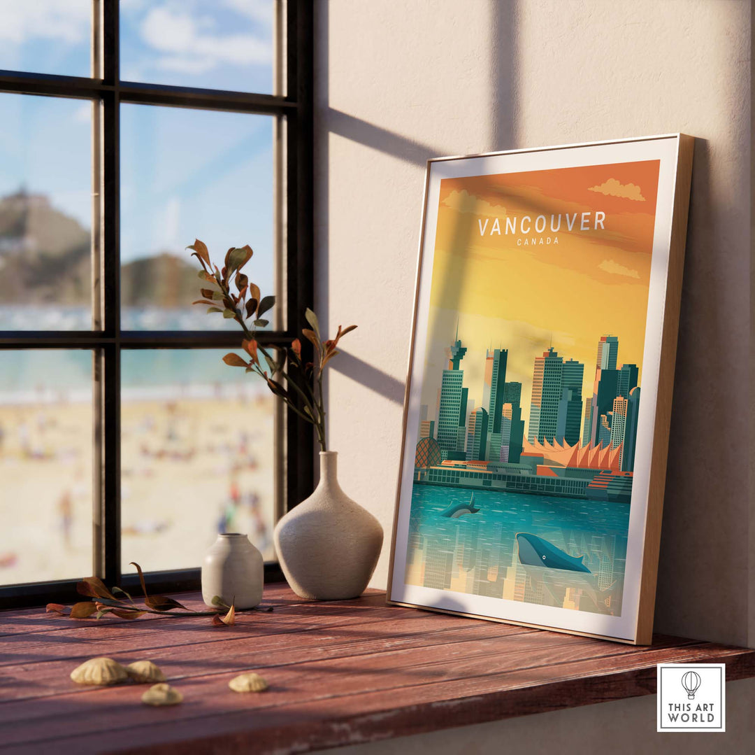 Vancouver Canada travel poster print featuring skyline and whales, capturing the beauty of Canada's Pacific coast.