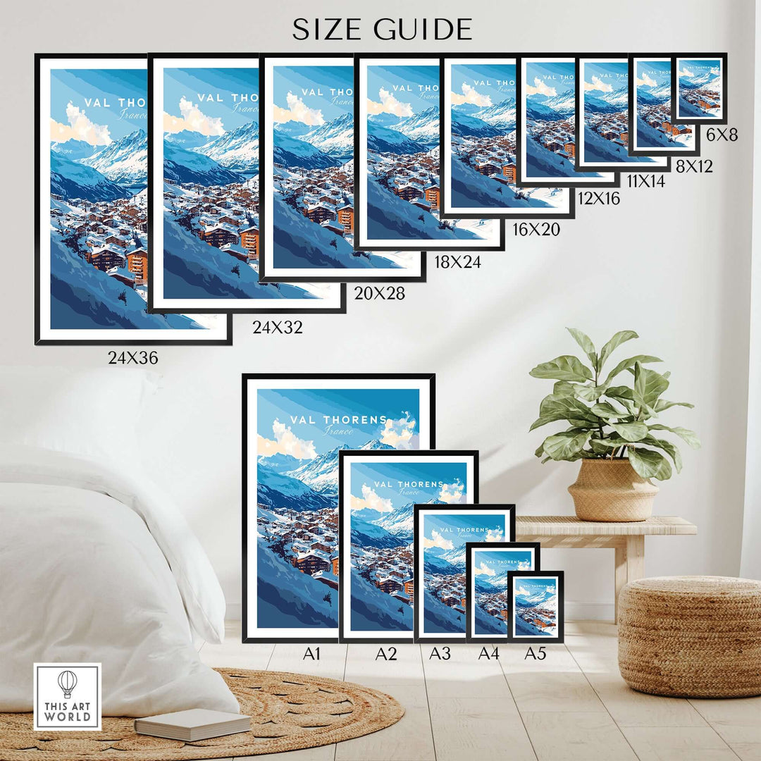 Size guide for Val Thorens ski village poster showing various frame sizes and cozy decor elements.