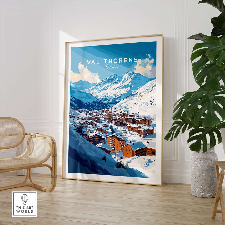 Val Thorens ski village poster showcasing snowy mountains and cozy village, perfect for winter lovers' decor.
