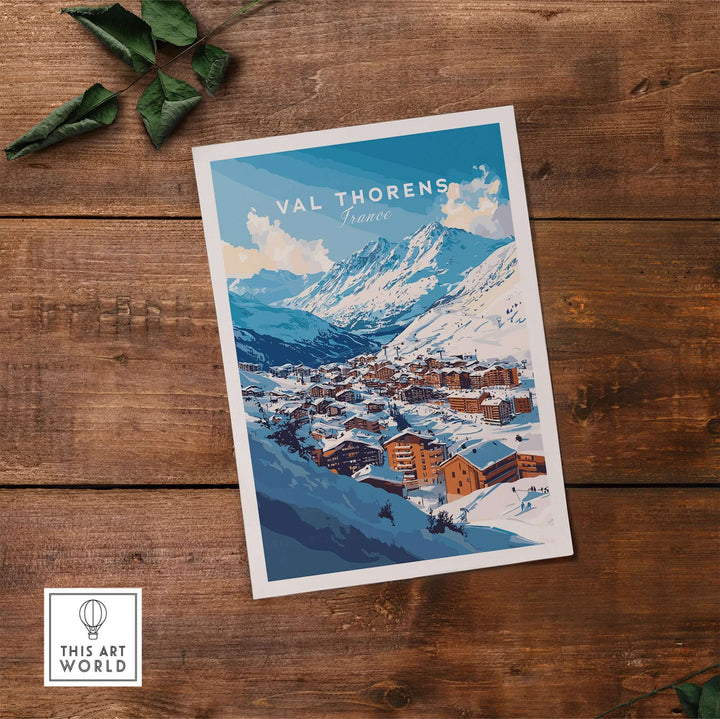 French Alps ski village poster featuring Val Thorens nestled in snow-capped mountains, perfect for winter lovers.
