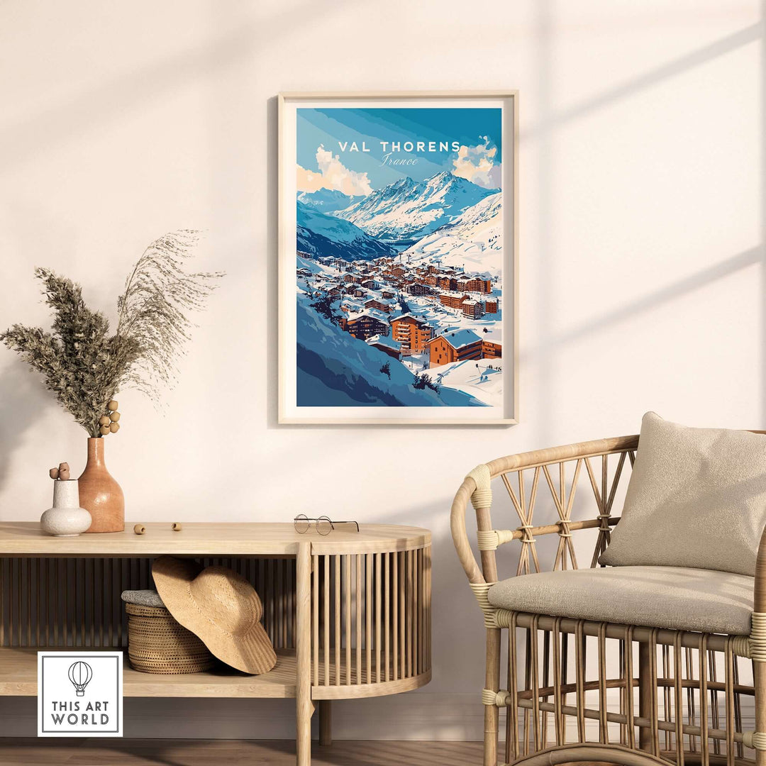 Val Thorens ski village poster showcasing cozy mountain scenery in a stylish home setting.
