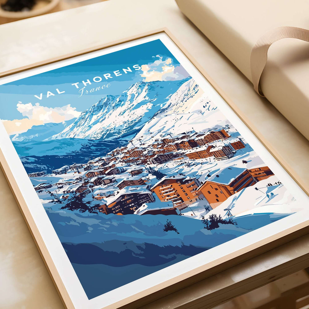 Val Thorens ski village poster showcasing a picturesque snowy scene in the French Alps.