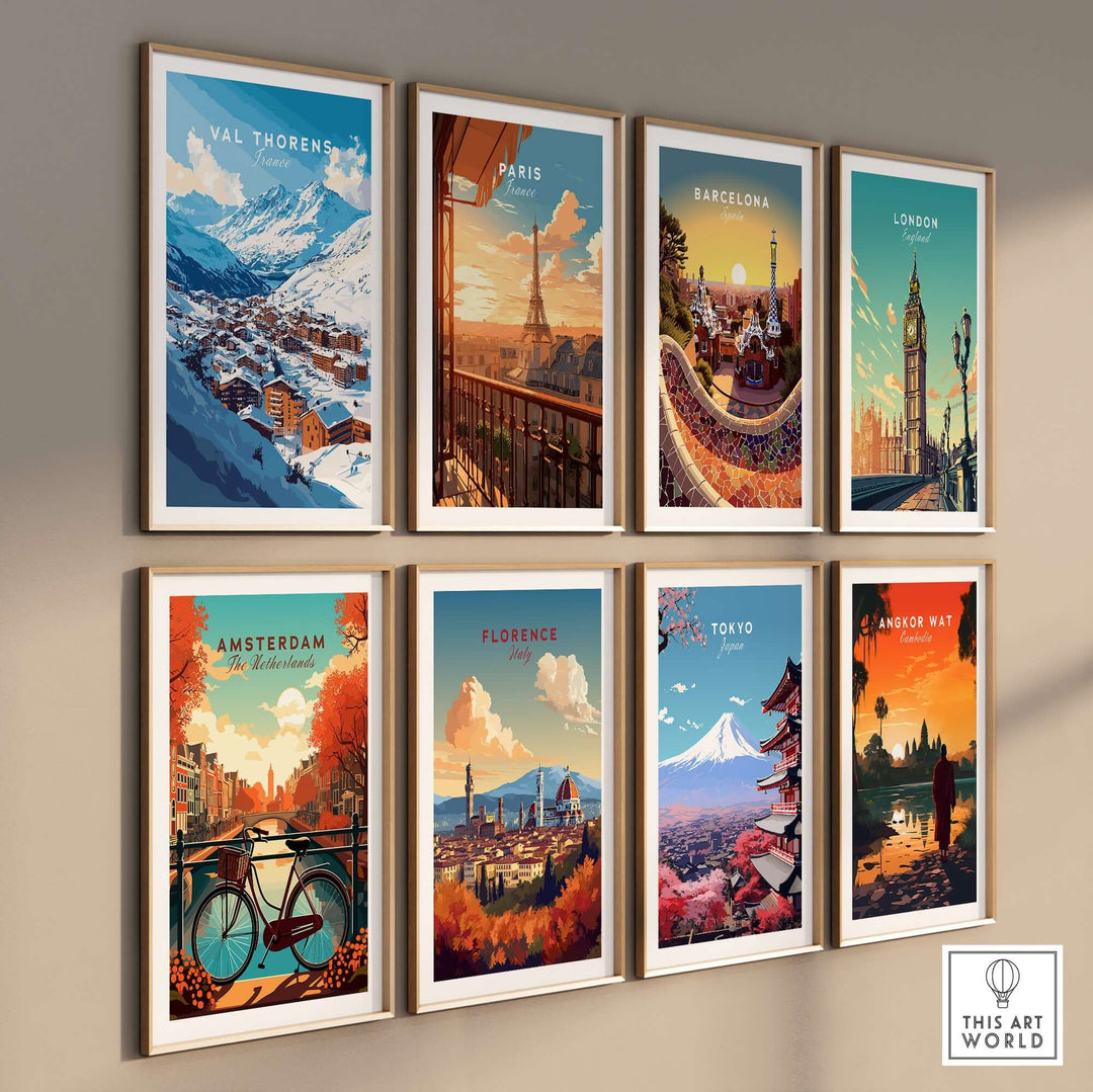 Collection of vibrant city travel posters, featuring Val Thorens, Paris, Barcelona, London, Amsterdam, Florence, Tokyo, and Angkor Wat.