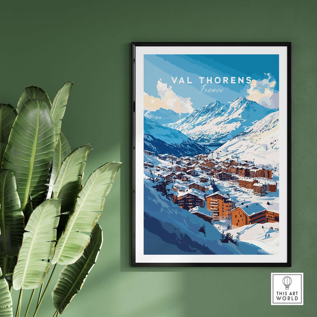 Val Thorens ski village poster showcasing snowy mountains and cozy buildings in the French Alps, perfect for winter lovers.