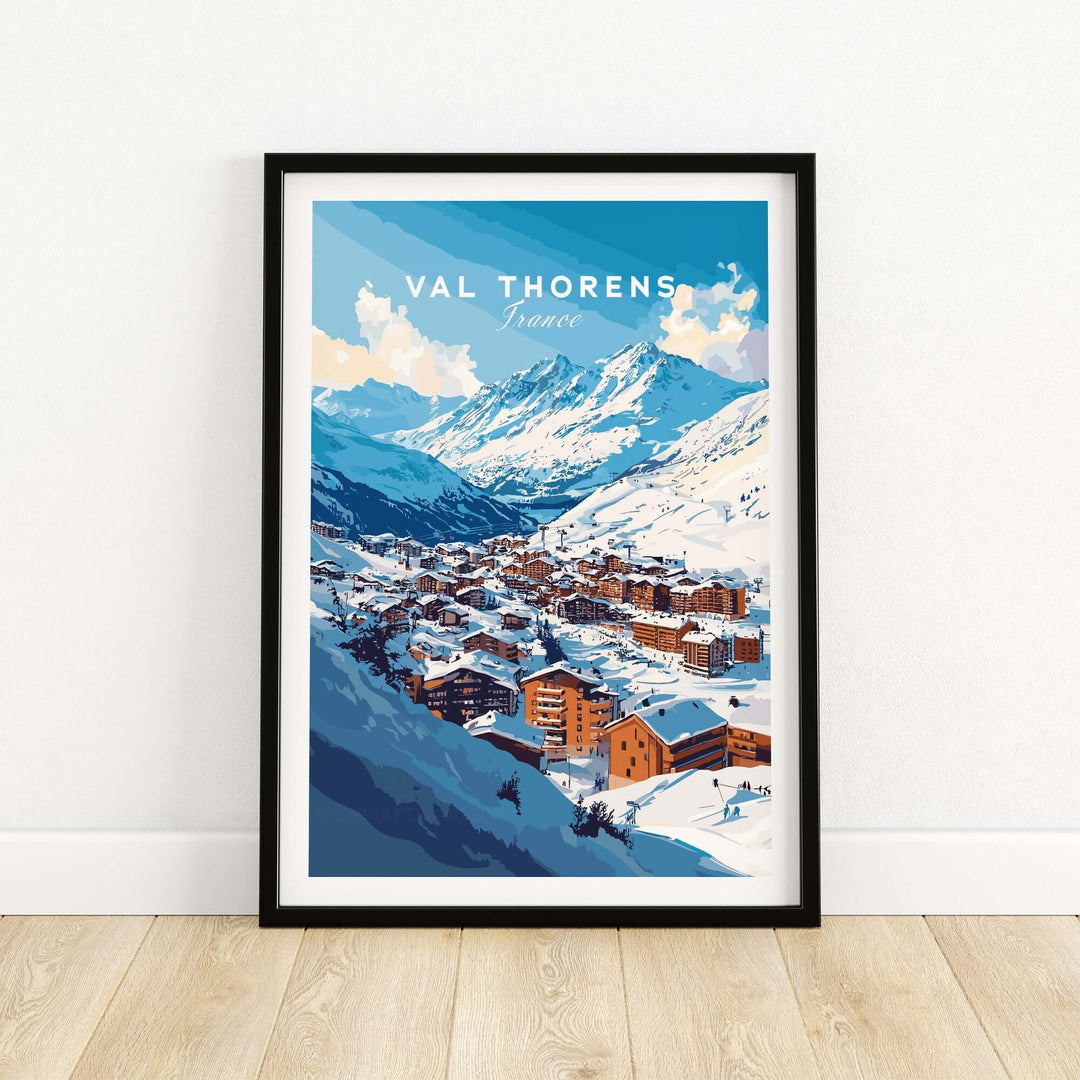 Val Thorens ski village poster showcasing cozy winter scene in the French Alps with snow-covered mountains.