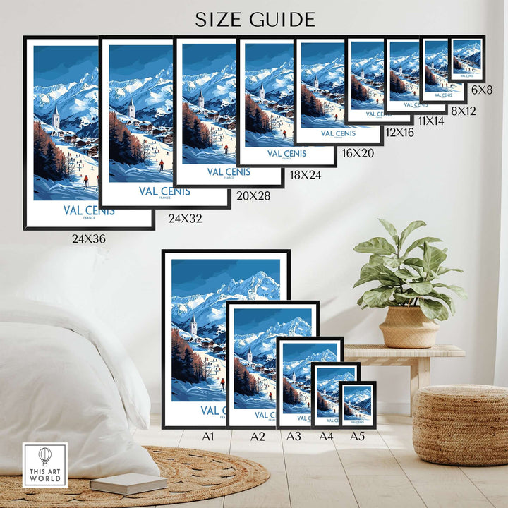 Size guide for French Alps wall art featuring Val Cenis chalet and slopes in various frame sizes.