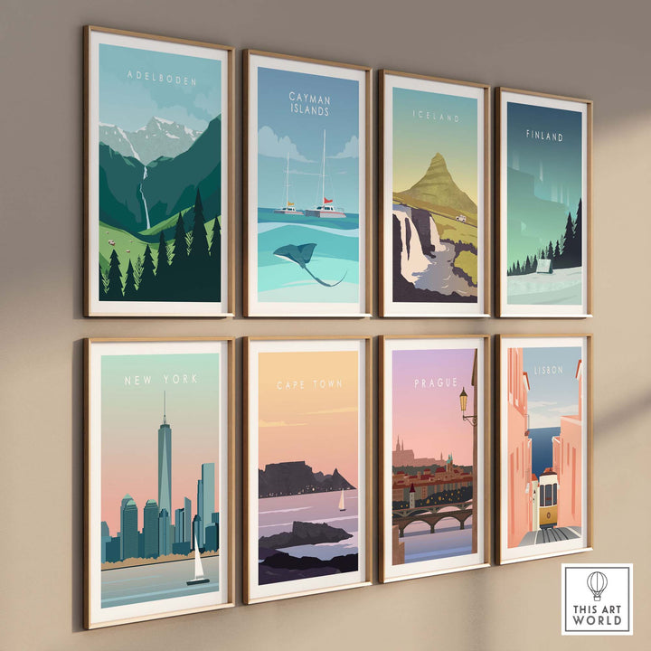 Collection of vibrant travel poster prints including Adelboden and other scenic locations.