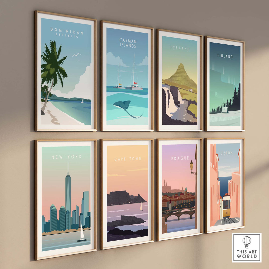 Collection of vibrant travel poster prints featuring Dominican Republic, Iceland, New York, and more, displayed on a wall.