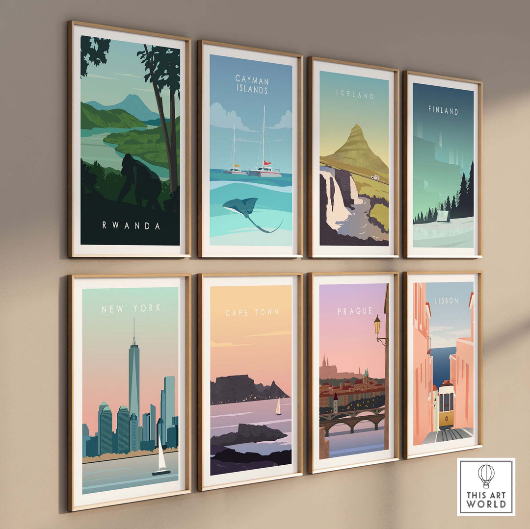 Gallery of travel poster prints featuring Rwanda, Catman Islands, Iceland, Finland, New York, Cape Town, Prague, and Lisbon.