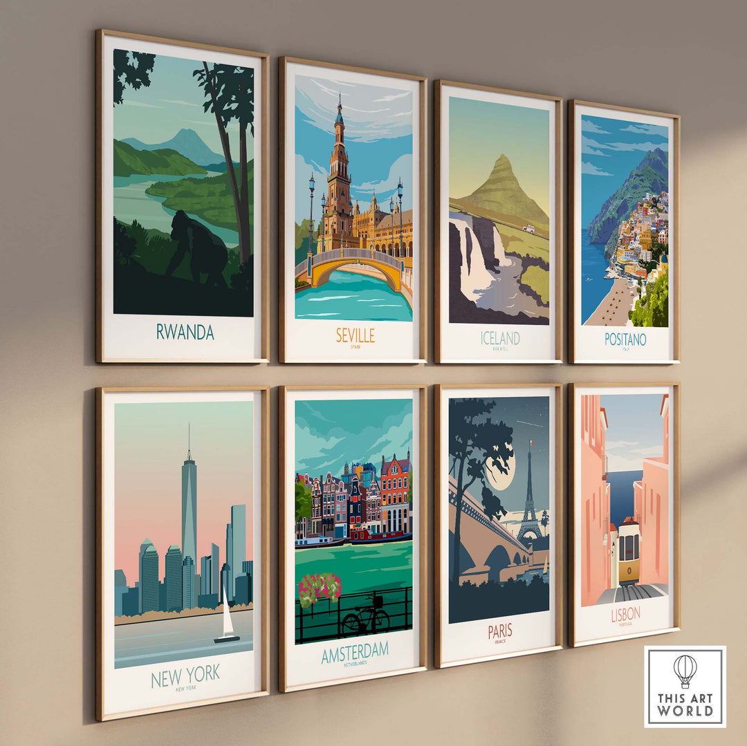Gallery of travel-themed art prints including Rwanda, Seville, Iceland, New York, Amsterdam, Paris, Positano, and Lisbon.