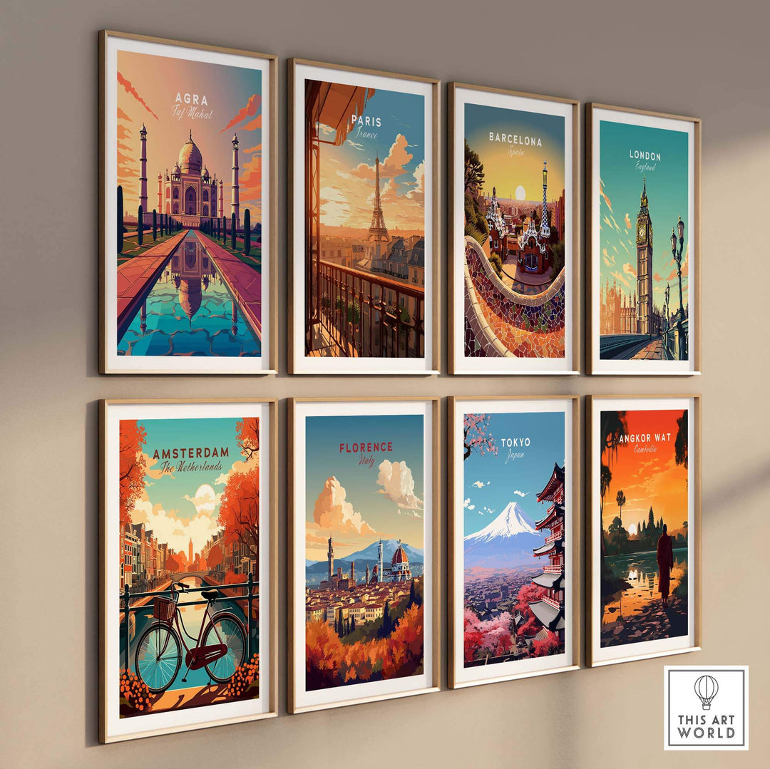 Taj Mahal Agra Wall Art and global city travel prints in vibrant frames for home decor