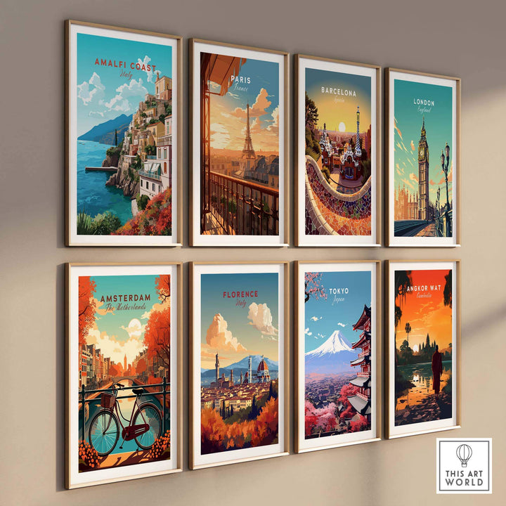 Collection of vibrant travel posters featuring iconic destinations including Amalfi Coast, Paris, Barcelona, and more.