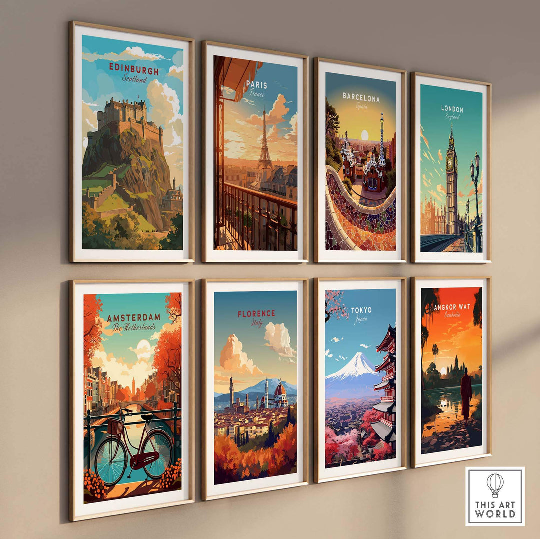 Nine colorful framed city poster prints including Edinburgh, Paris, Barcelona, and more, showcasing iconic landmarks.