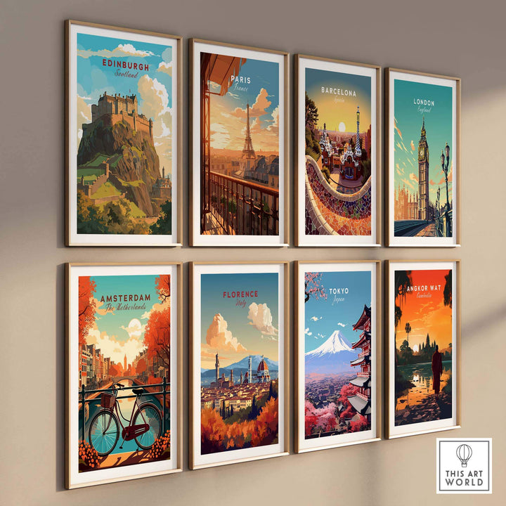 Nine colorful framed city poster prints including Edinburgh, Paris, Barcelona, and more, showcasing iconic landmarks.