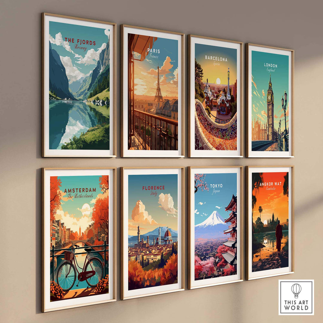 Vibrant travel posters featuring iconic cities and landscapes like Norway's fjords, Paris, Barcelona, and Tokyo on a gallery wall.