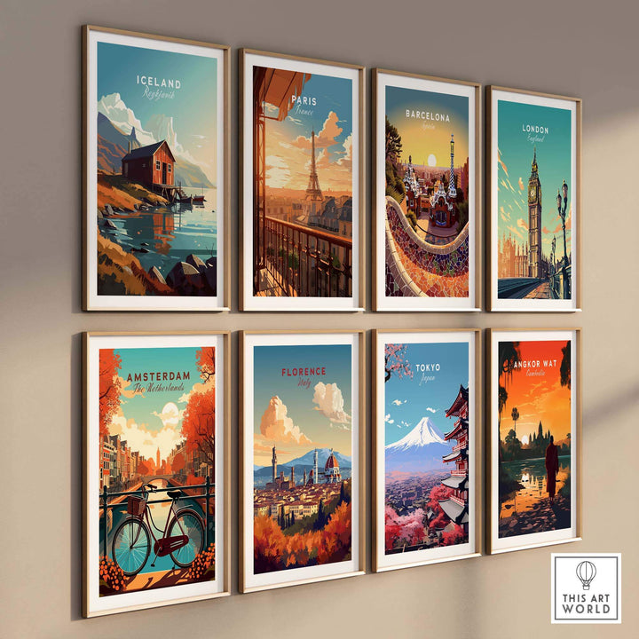 Collection of travel posters featuring Iceland, Paris, Barcelona, London, Amsterdam, Florence, Tokyo, and Angkor Wat.
