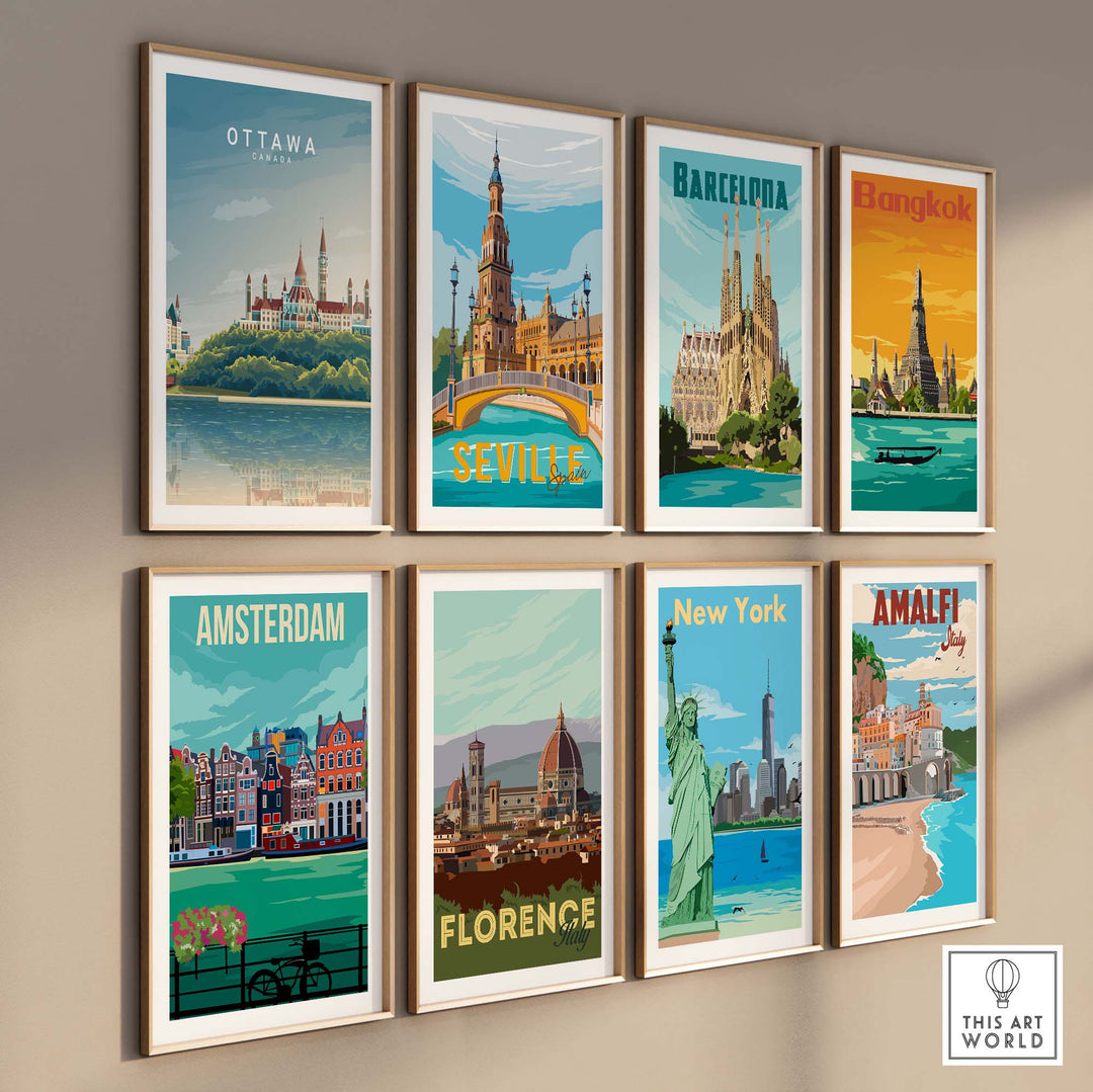 Gallery wall featuring travel posters of Ottawa, Barcelona, Bangkok, Seville, Amsterdam, Florence, New York, and Amalfi.