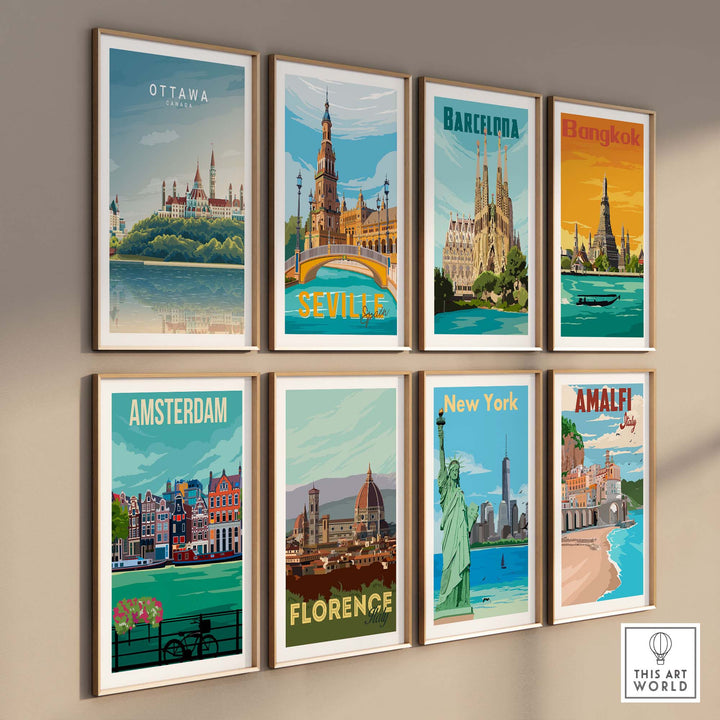 Gallery wall featuring travel posters of Ottawa, Barcelona, Bangkok, Seville, Amsterdam, Florence, New York, and Amalfi.