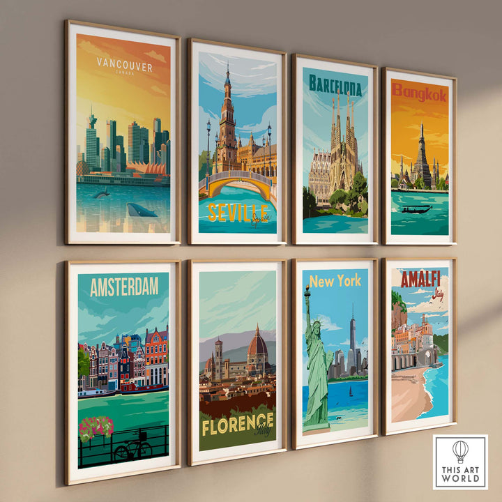 Vibrant travel poster prints of cities including Vancouver, Barcelona, and New York, showcasing iconic landmarks.