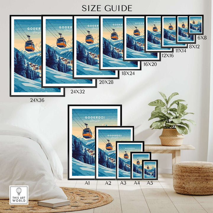 Size guide for Goderdzi Print Georgia showcasing various frame sizes and styles in a cozy home setting.