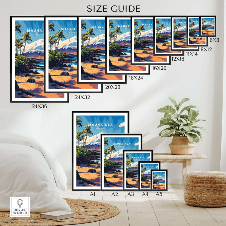 Mauna Kea Beach print size guide showing various frame sizes in a room setting with tropical decor.