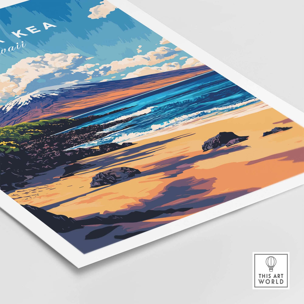 Tropical seascape poster featuring Mauna Kea Beach in Hawaii, showcasing vibrant ocean and sandy beach. Perfect for home decor.