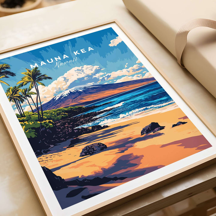 Framed Mauna Kea Beach print featuring a vibrant tropical seascape of Hawaii with palm trees and sandy beaches.