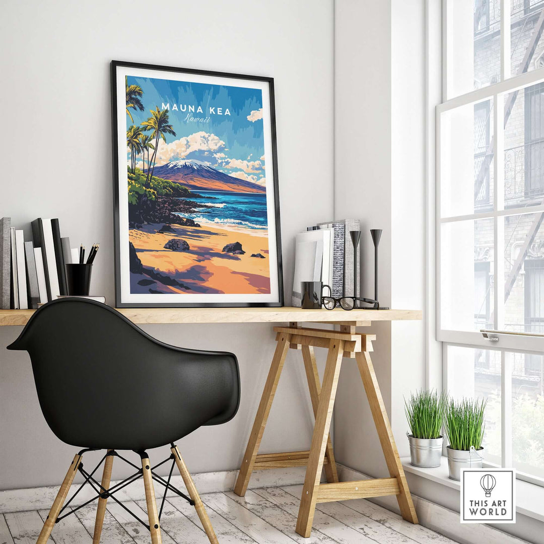 Mauna Kea Beach print in a modern home interior, tropical seascape decor for a calming island vibe.