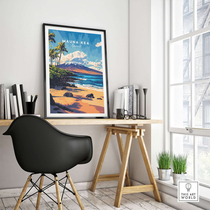 Mauna Kea Beach print in a modern home interior, tropical seascape decor for a calming island vibe.