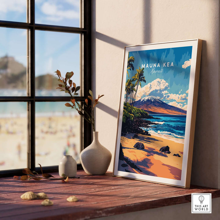 Mauna Kea Beach print displayed in a cozy room, showcasing tropical seascape art and island vibes.