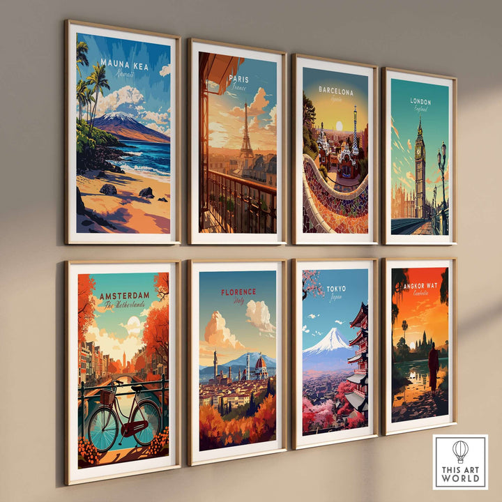 Collection of travel posters featuring Mauna Kea, Paris, Barcelona, London, Amsterdam, Florence, Tokyo, and Bangkok.