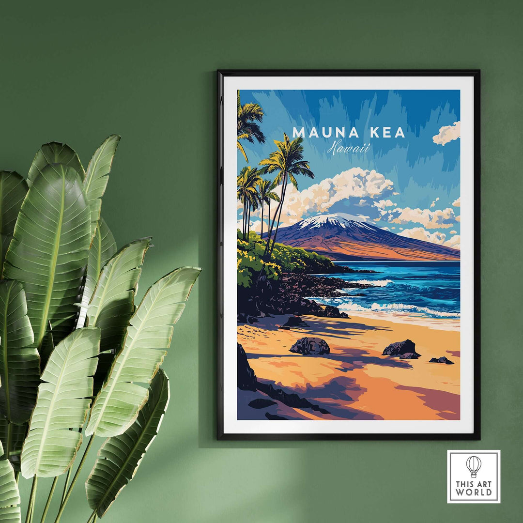 Framed Mauna Kea Beach print showcasing a tropical seascape with palm trees and ocean waves, perfect for coastal decor.