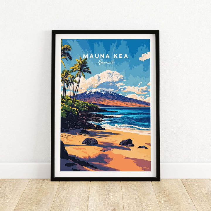Tropical seascape poster featuring Mauna Kea, Hawaii, with palm trees and sandy beach in vibrant colors.