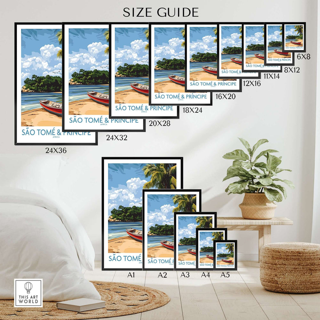 Size guide for Island Dreams São Tomé wall art showcasing various frame sizes and beach scene design.