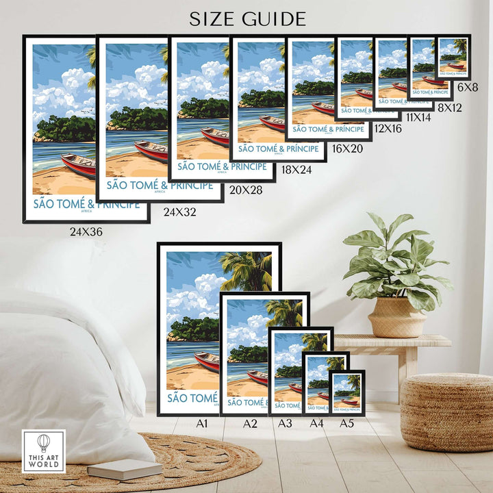 Size guide for Island Dreams São Tomé wall art showcasing various frame sizes and beach scene design.