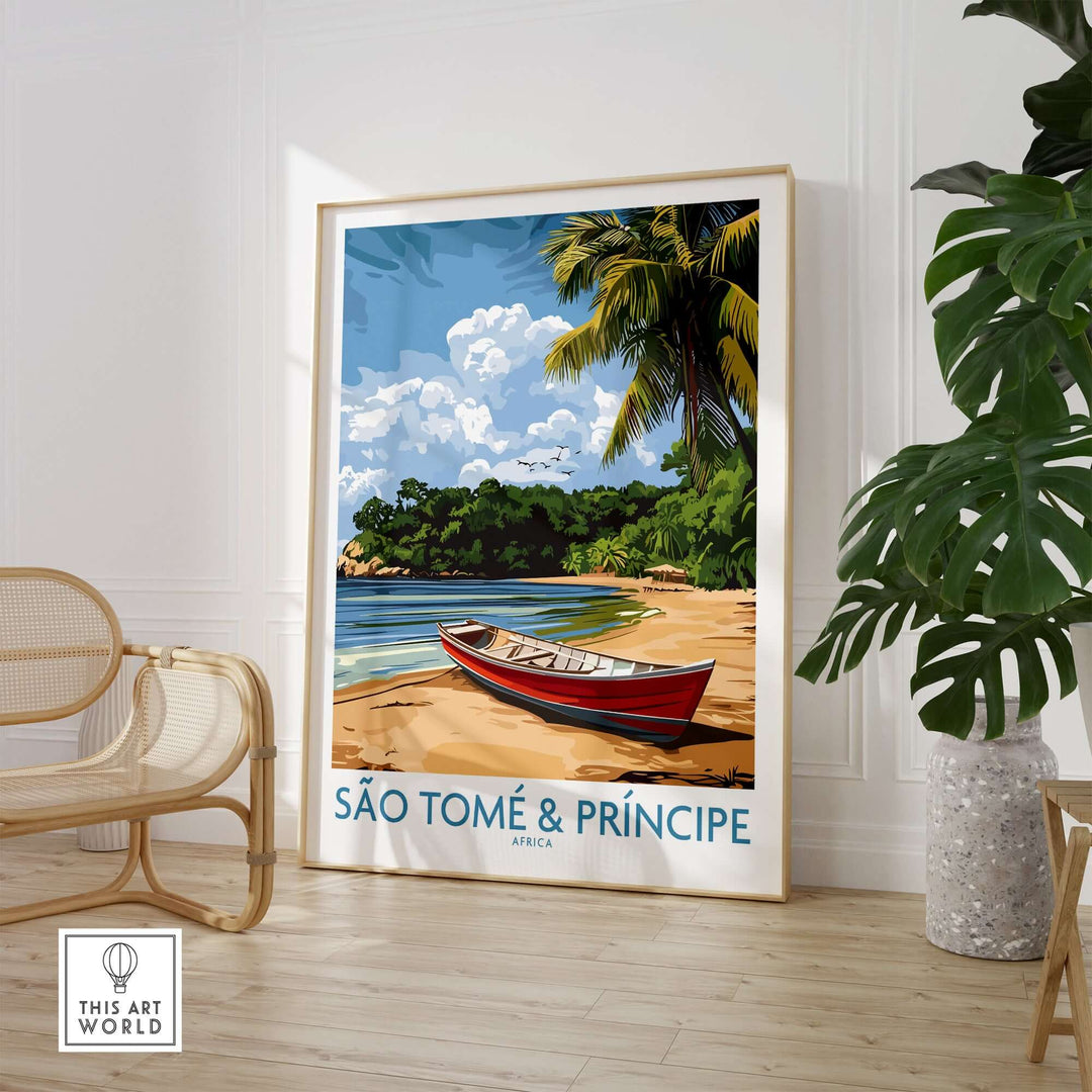 Island Dreams São Tomé wall art featuring a serene beach scene with a red boat and tropical scenery.