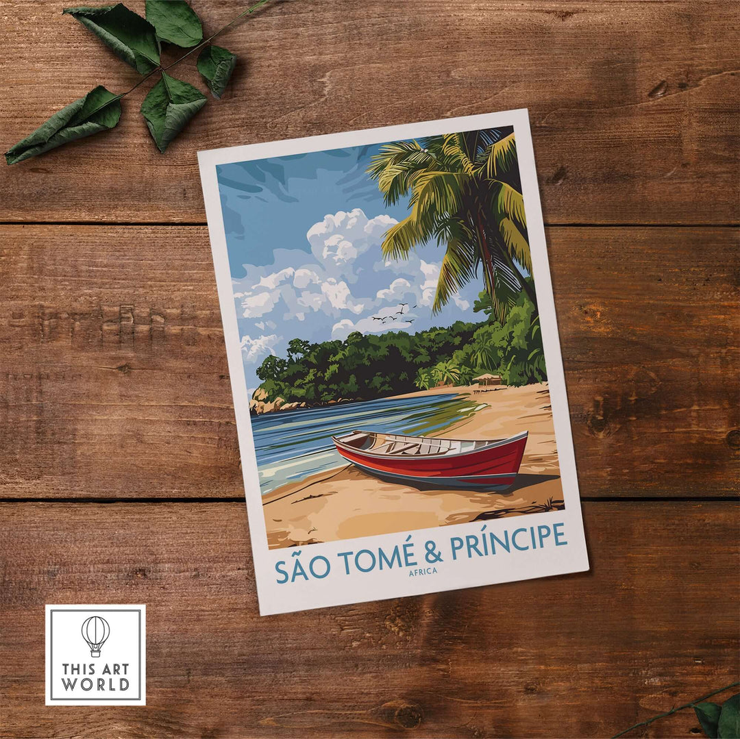 São Tomé & Príncipe wall art depicting a serene beach scene with palm trees and a boat on wooden background.