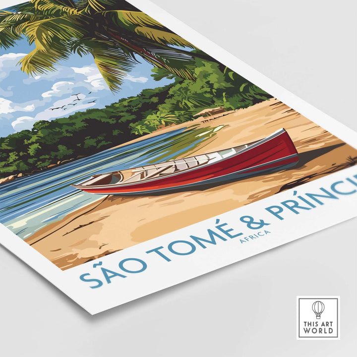 São Tomé wall art featuring a serene beach, palm trees, and a red canoe for tropical decor.