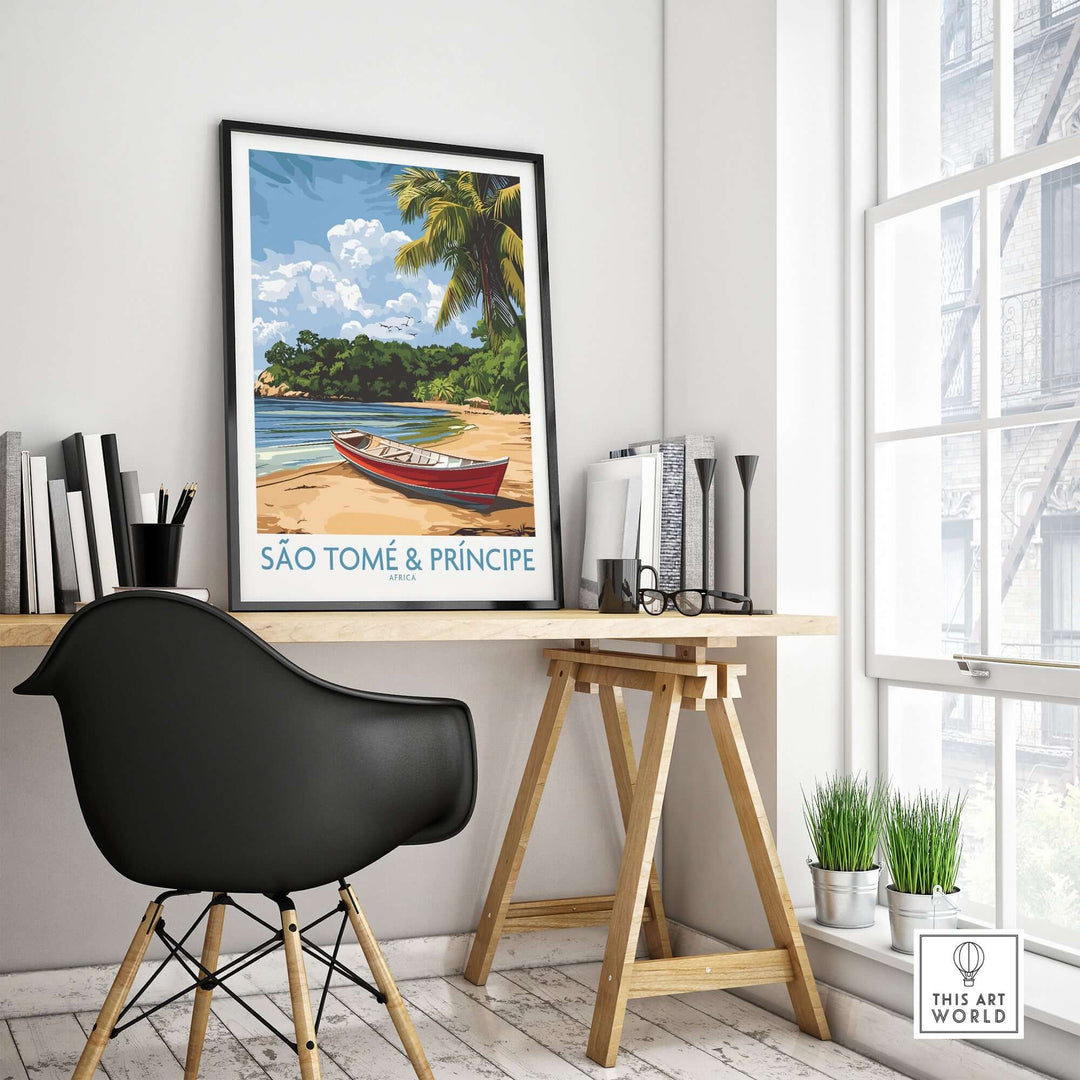 São Tomé wall art featuring a serene beach scene in a modern workspace, enhancing décor with tropical vibes.