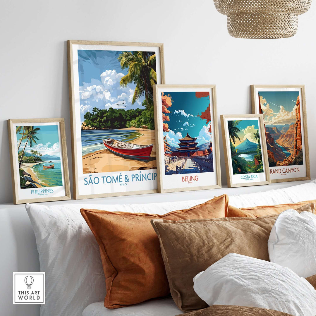 Island Dreams São Tomé wall art displayed on a shelf with various travel posters showcasing serene landscapes.