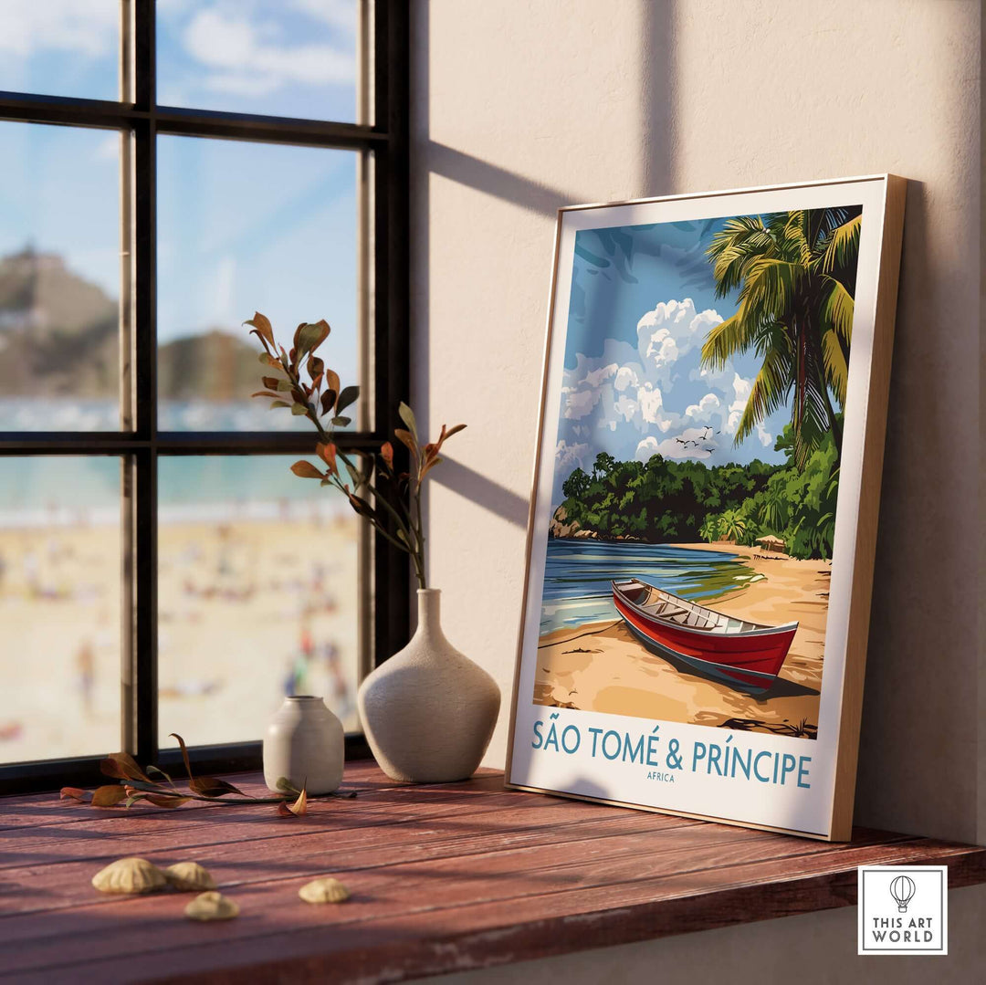 Island Dreams wall art featuring São Tomé beach scene with palm trees and a boat, perfect for tropical home décor.