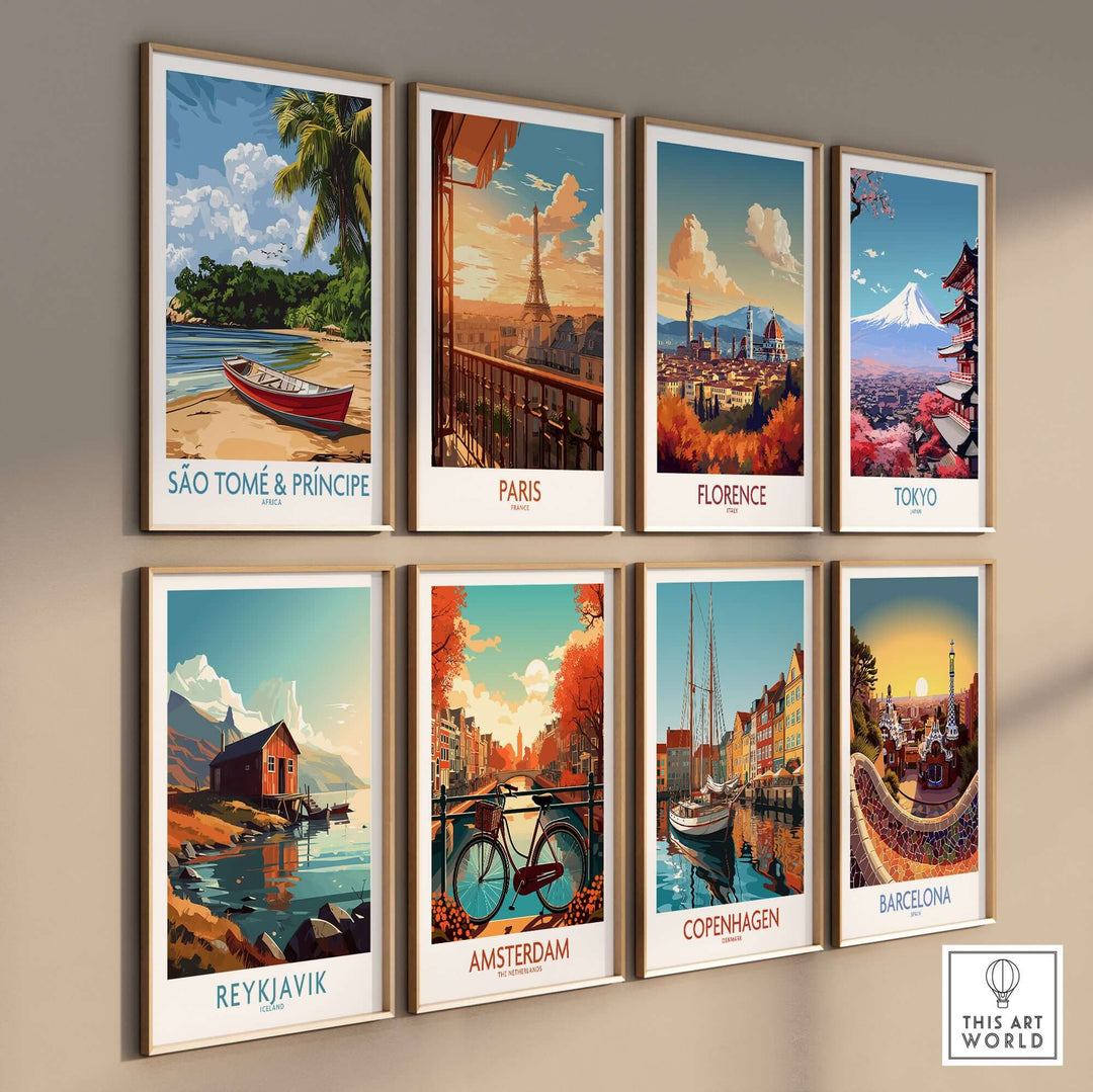 Colorful travel-themed wall art featuring São Tomé, Paris, Florence, Tokyo, Reykjavik, Amsterdam, Copenhagen, and Barcelona.