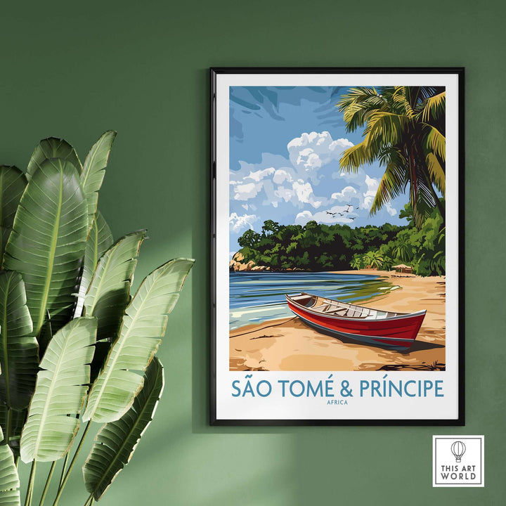 São Tomé wall art featuring a serene beach scene with a small boat and tropical vegetation.