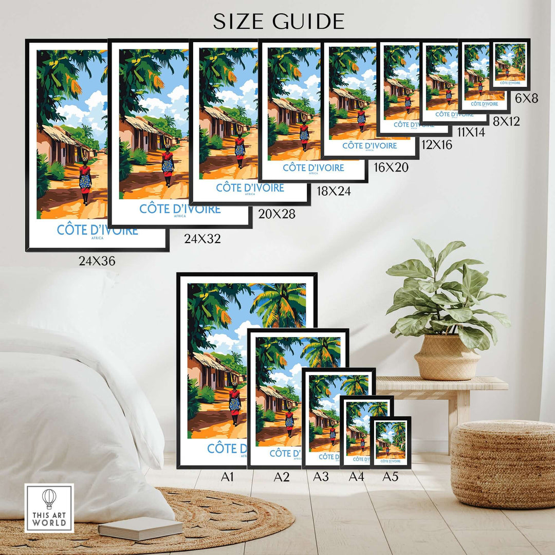 Size guide for Ivory Coast travel poster prints showcasing various dimensions and vibrant designs.