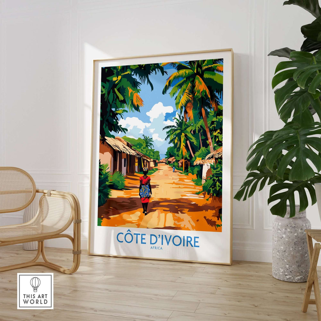 Ivory Coast travel poster featuring vibrant scenery and local culture, perfect wall decor for African art lovers.