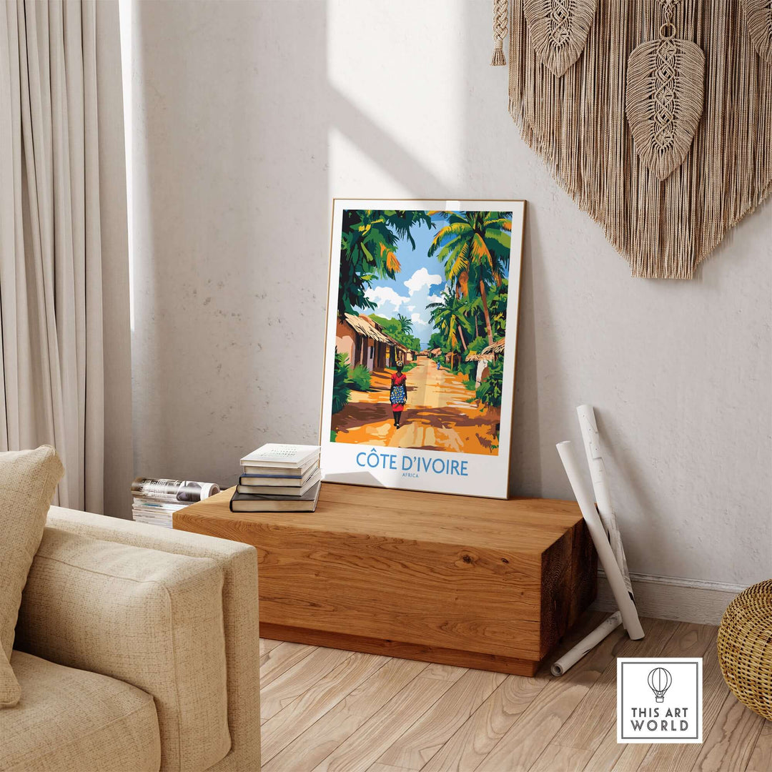 Ivory Coast travel poster showcasing vibrant street scene and lush greenery, perfect wall decor for African art enthusiasts.