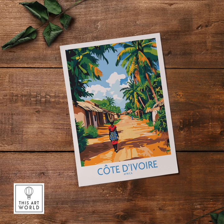 Ivory Coast travel poster showcasing street scene with palm trees, vibrant colors, and local culture in Côte d'Ivoire.