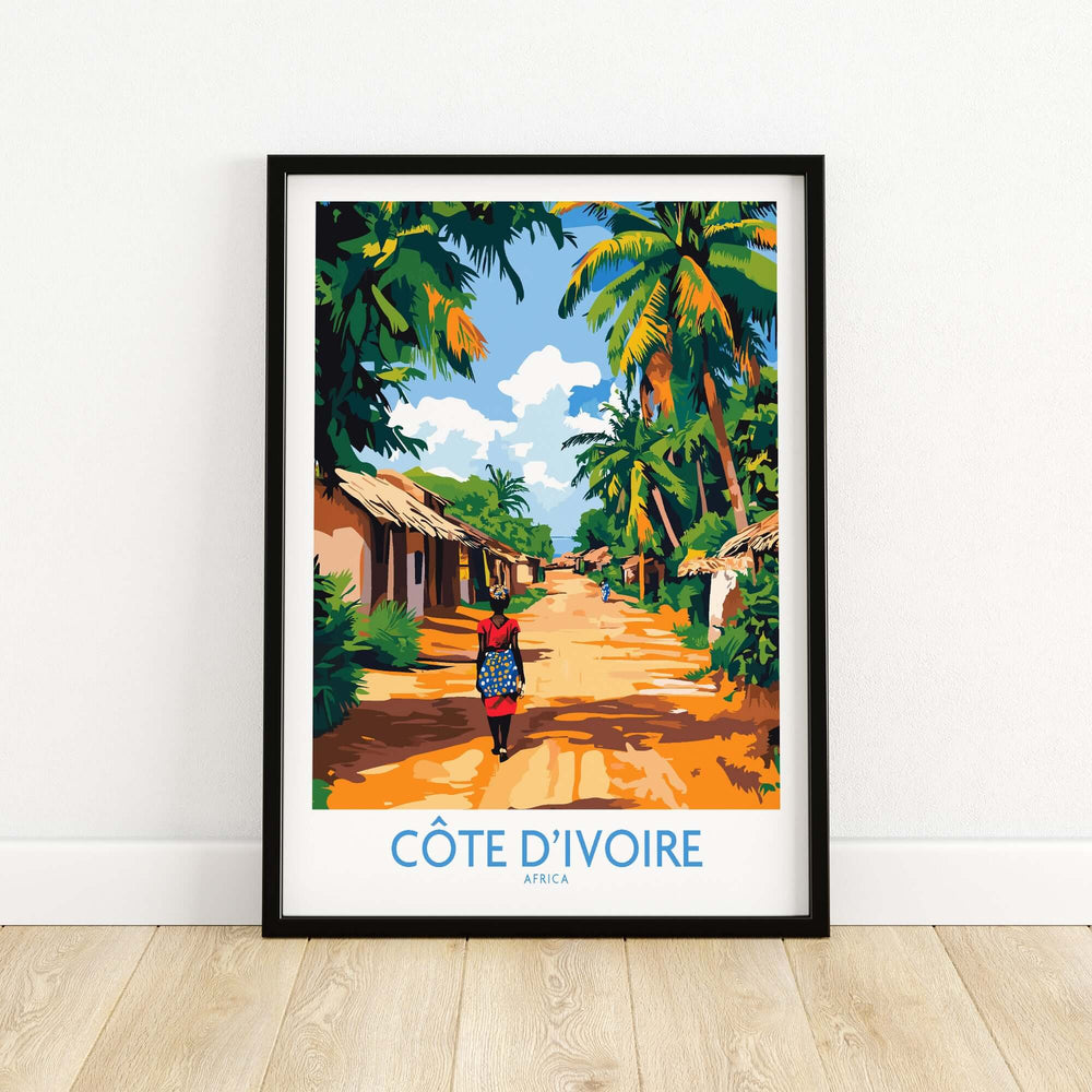 Ivory Coast travel poster depicting a vibrant street scene in Côte d'Ivoire with lush greenery and traditional homes.