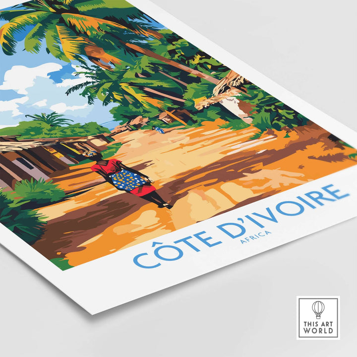Ivory Coast travel poster featuring vibrant street scene and palm trees, showcasing Côte d'Ivoire’s culture and scenery.