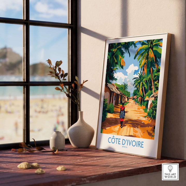 Ivory Coast travel poster featuring vibrant colors and tropical scenery, perfect for wall decor and African art enthusiasts.